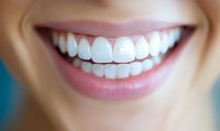 Close-up of bright white healthy teeth and natural pink lips showing genuine smile against blurred skin tone background, dental care and oral hygiene concept.