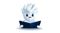 Cute cartoon cloud character with white spiky hair reading blue book, showing happy kawaii expression on isolated background. Suitable for children education designs.