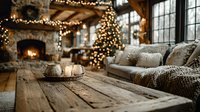Cozy winter living room with rustic wooden coffee table, stone fireplace, and decorated Christmas tree creating warm holiday atmosphere in cabin interior.
