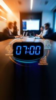 Business meeting with digital clock showing 07:00 and productivity icons overlay in modern conference room with motion blur effect.