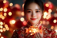 Young Asian woman in traditional red qipao dress holding glowing lights against festive bokeh background, celebrating lunar new year with warm smile.