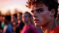 Young Caucasian man with curly hair in orange shirt at sunset, with blurred group of people in background, dramatic lighting creates emotional atmosphere.