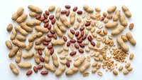 Mixed nuts and legumes scattered on white background including peanuts, almonds, walnuts and beans creating healthy snacking pattern for nutrition concepts.