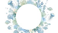Watercolor marine life circular frame with jellyfish, coral, seahorses and tropical fish on white background for ocean-themed designs and invitations.