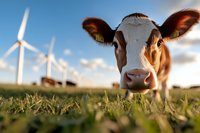 Curious brown and white cow close-up in green pasture with wind turbines in background during sunset, representing sustainable farming and renewable energy.