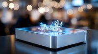 Glowing digital snowflake hologram projected from metallic device on dark background with bokeh lights creates futuristic winter atmosphere.