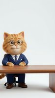 Orange tabby cat businessman wearing glasses and navy suit standing at wooden desk on white background for professional business concepts.