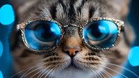 Adorable tabby cat wearing stylish blue sunglasses with rhinestone frames against bokeh background for trendy pet fashion and humor concepts.