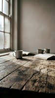 Rustic wooden table with metal mugs and open book near sunlit window with neutral walls, suitable for lifestyle and editorial design projects.