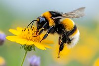 Macro shot of bumblebee collecting nectar from yellow daisy flower against soft blurred background, showing detailed wings, stripes and fuzzy body in vibrant colors.