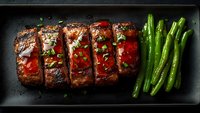 Sliced glazed pork tenderloin with fresh green beans on black serving plate, overhead view of gourmet dinner preparation.