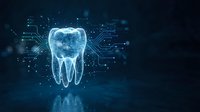 Digital tooth hologram with circuit patterns on dark blue background for dental technology and healthcare innovation concepts.