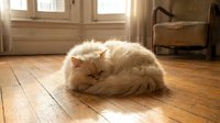 Fluffy white cat sleeping curled up on wooden floor in bright sunlit room with furniture and windows in background.