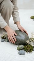 Woman in linen clothing touching smooth stone in zen meditation setup with moss and natural elements for mindfulness and wellness practices.