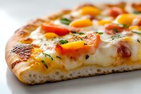 Delicious homemade pizza slice with melted cheese, colorful bell peppers and fresh herbs on crispy golden crust for food photography and culinary content.