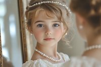 Young girl with blue eyes wearing pearl necklace and headband, looking in mirror. Soft natural lighting creates dreamy atmosphere in vintage style portrait.