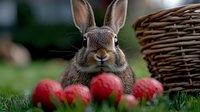 Adorable brown rabbit sitting in green grass near red apples and wicker basket, looking directly at camera with alert expression and perked ears. Nature photography.