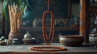 Wooden prayer beads hanging over rustic table with traditional meditation bowls and incense sticks in dark atmospheric setting, spiritual wellness concept.
