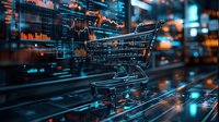 Shopping cart on digital market data background with financial charts and stock trading graphs, glowing blue technology concept for e-commerce trends.