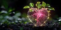 Glowing heart-shaped plant with luminous root system emerging from soil, surrounded by green leaves and magical light particles. Digital art concept of growth and love.