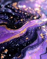 Abstract fluid art with swirling purple and black waves decorated with golden glitter and bokeh effects creating cosmic-inspired luxury pattern for modern wall decor.