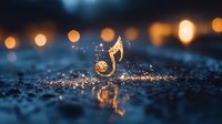 Glowing musical note floating above wet surface with bokeh lights and reflection, creating magical atmosphere in dark blue environment.