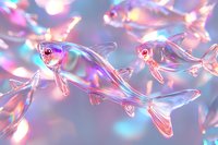 Translucent glass fish swimming in holographic light with pink and blue bokeh effects creating dreamy underwater atmosphere. Decorative art concept.