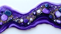 Abstract fluid art with purple and blue waves, golden glitter, and pearl spheres creating cosmic river effect on black background. Luxury modern design for wall decor.