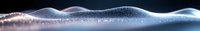 Glowing abstract wave formation with luminous particles creating smooth flowing lines against dark background, panoramic composition for technology designs.