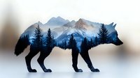 Wolf silhouette with double exposure mountain landscape and forest trees creating mystical wildlife art for nature themed designs and decor.