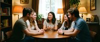 Young diverse group of friends having casual conversation around wooden table in cozy living room with warm lighting and home decor.