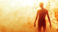 Silhouette of person standing in bright orange and yellow light with glowing particles and dust effect creating dramatic atmospheric scene.