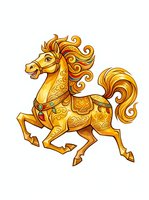 Ornate golden horse with flowing mane and tail, decorated with intricate patterns and red jewels, isolated on white background for design use.