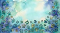Watercolor paw prints in blue, purple, and gold tones scattered across soft gradient background. Suitable for pet care, animal welfare, veterinary, and pet-themed design projects.