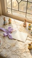 Easter greeting card with purple ribbon surrounded by bunny figurines and chicks on vintage lace doilies by sunny window for spring holiday celebrations.