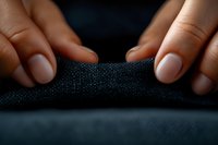 Female hands with natural manicure holding dark textile fabric close-up. Macro shot showing texture and weave details in soft lighting on black background.