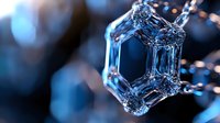 Macro view of water molecules forming crystalline hexagonal structure with blue bokeh background, showing molecular bonds and scientific visualization.