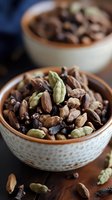 Aromatic cardamom pods, cloves, and mixed spices in ceramic bowls on wooden surface, essential ingredients for cooking and baking.