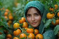 Young Middle Eastern woman in green headscarf smiling among ripe orange tomatoes in greenhouse garden, natural soft lighting creates warm agricultural atmosphere.