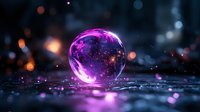 Magical glowing purple crystal ball with mystical sparkles and bokeh lights reflecting on wet surface against dark background. Ethereal fantasy atmosphere.