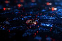 Glowing circuit board with cryptocurrency coin in dark environment surrounded by blue and red bokeh lights creating futuristic technology atmosphere.