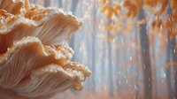 Macro view of golden oyster mushrooms against blurred autumn forest background with falling rain creating dreamy atmosphere.