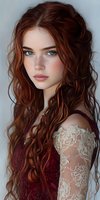 Young woman with auburn wavy hair, freckles, and striking blue eyes wearing burgundy lace dress against light background. Natural makeup and romantic styling create ethereal portrait.
