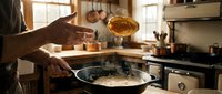Chef pouring golden honey into a pan with crepes or pancakes in a bright, sunlit kitchen with warm natural light and cooking utensils.