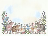 Watercolor rat family with wildflowers and herbs on soft background for nursery decor, greeting cards, and nature-themed designs.