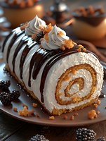 Swiss roll cake with cream filling, chocolate drizzle, and meringue peaks topped with caramel crumbs and fresh blackberries on brown ceramic plate.