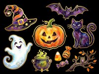 Spooky Halloween collection featuring witch hat, bat, black cat, ghost, jack-o-lantern pumpkin, cauldron, candy corn, and autumn branch. Isolated on transparent background, ready for t-shirts, stickers, clipart, and print-on-demand designs.