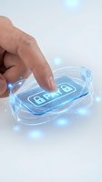 Male hand holding transparent digital security device with glowing lock icon and blue light particles, representing cybersecurity and data protection technology for business applications.