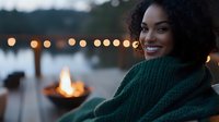 Young African American woman in cozy green sweater smiling warmly by lakeside with glowing lights and fire bowl creating romantic evening atmosphere for lifestyle content.