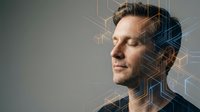 Middle-aged Caucasian male with short brown hair wearing dark clothing, eyes closed, with digital circuit board and network lines overlaid around head representing artificial intelligence, technology, and digital transformation concepts.